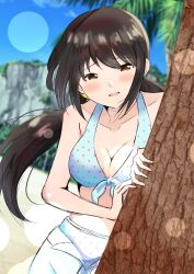 Rule 34 | 1girl, absurdres, aqua bikini, armpits, artist request, beach, bikini, black hair, breasts, brown eyes, cleavage, clenched hands, collarbone, day, eyelashes, female focus, front-tie bikini top, front-tie top, half-closed eyes, happy, highres, idolmaster, idolmaster cinderella girls, legs, light blush, light particles, long hair, long twintails, looking at viewer, low twintails, medium breasts, midriff, nakano yuka, namco, nature, navel, neck, outdoors, palm tree, parted lips, polka dot, polka dot bikini, short shorts, shorts, sidelocks, sky, summer, sunlight, swimsuit, thighs, tree, twintails