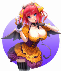 Rule 34 | 1girl, :p, absurdres, bat wings, black gloves, black thighhighs, black wings, blue eyes, breasts, cleavage, commentary request, demon tail, dress, gloves, go-toubun no hanayome, halloween, highres, large breasts, long hair, looking at viewer, m.tokotsu, nakano nino, orange dress, red hair, short hair, solo, striped clothes, striped thighhighs, tail, thighhighs, thighs, tongue, tongue out, vertical-striped clothes, vertical-striped thighhighs, wings, zettai ryouiki