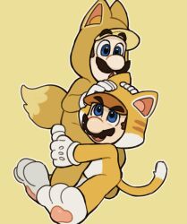 Rule 34 | 2boys, animal costume, animal ears, animal hood, autumn, autumn leaves, bandana, blue eyes, brothers, brown hair, cat mario, gloves, green bandana, hand up, highres, hood, hood up, kitsune luigi, luigi, male focus, mario, mario (series), mimimi (mimimim9999), multiple boys, nintendo, raccoon ears, raccoon tail, short hair, siblings, super mario 3d world, tail