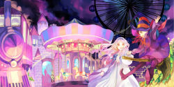 Rule 34 | 2girls, bad id, bad pixiv id, broom, broom riding, carnival, carousel, castle, ferris wheel, hat, kawwa, long hair, multiple girls, nightgown, original, smile, train, white hair, witch, witch hat
