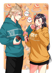 Rule 34 | 1boy, 1girl, babigonice, black hair, black pants, black shorts, blonde hair, blue eyes, blush, breasts, cloud strife, couple, cowboy shot, doughnut, earrings, final fantasy, final fantasy vii, final fantasy vii remake, food, food on face, heart, height difference, highres, holding, holding food, hood, hoodie, ice cream cone, jewelry, large breasts, long hair, long sleeves, looking at another, one eye closed, pants, parted lips, red eyes, shorts, single earring, speech bubble, spiked hair, square enix, teardrop earring, tifa lockhart, tongue, tongue out