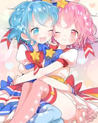 Rule 34 | 1boy, 1girl, blue bow, blue eyes, blue hair, blue thighhighs, blush, bow, braid, brooch, brother and sister, chigu (pixiv), crossdressing, dorothy west, gradient background, hetero, hug, jewelry, reona west, mole, mole under eye, one eye closed, pantyhose, pink eyes, pink hair, pink thighhighs, pretty series, pripara, red bow, short hair, siblings, sitting, skirt, smile, star brooch, thighhighs, trap, twins