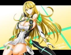 Rule 34 | 1girl, bare legs, bare shoulders, blonde hair, breasts, chest jewel, cleavage, cleavage cutout, clothing cutout, dress, earrings, elbow gloves, gloves, hisin, jewelry, large breasts, long hair, mythra (xenoblade), short dress, solo, swept bangs, thigh strap, tiara, very long hair, white dress, white gloves, xenoblade chronicles (series), xenoblade chronicles 2, yellow eyes