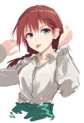 Rule 34 | 1girl, bad id, bad twitter id, breasts, brown hair, bullfalk, collared shirt, commentary request, cropped torso, dress shirt, emma verde, freckles, green skirt, grey eyes, hands up, highres, long hair, long sleeves, looking at viewer, love live!, love live! nijigasaki high school idol club, medium breasts, shirt, sidelocks, sketch, skirt, solo, tongue, tongue out, upper body, white background, white shirt