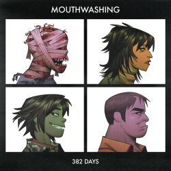 1girl 3boys album_cover_redraw anya_(mouthwashing) bandaged_head bandages burnt closed_mouth commentary curly_(mouthwashing) daisuke_(mouthwashing) demon_days_(gorillaz) derivative_work english_commentary gorillaz highres mouthwashing multiple_boys open_mouth profile smile surgical_gown swansea_(mouthwashing) tedzillow upper_body