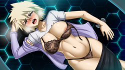Rule 34 | 1girl, absurdres, areola slip, bakugou mitsuki, black bra, black panties, blonde hair, blush, boku no hero academia, bra, breasts, cleavage, highres, large breasts, legs, looking at viewer, mature female, navel, open clothes, panties, pointy hair, red eyes, shirt, short hair, solo, sweat, the accel, thighs, toned, torn clothes, torn shirt, underwear