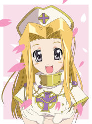 Rule 34 | 1girl, blonde hair, blue eyes, blush, grabbing another&#039;s breast, breast hold, breasts, cherry blossoms, cross, gloves, grabbing, grey eyes, hair intakes, laughing, long hair, medium breasts, mint adenade, pink background, smile, solo, supisupi, tales of (series), tales of phantasia