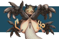 Rule 34 | 1girl, animal feet, animal hands, blonde hair, blue background, breasts, claws, cloaca, colored eyelashes, completely nude, digitigrade, dragon girl, dragon horns, dragon tail, fangs, feet, foot focus, full body, grey scales, hair between eyes, horns, image sample, kanemaki thomas, looking at viewer, monster girl, naughty face, nude, open mouth, original, scales, sharp teeth, short hair, simple background, small breasts, solo, tail, teeth, twitter sample, yellow eyes