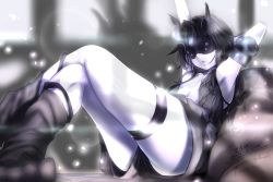 Rule 34 | 1girl, abyssal ship, arm behind head, arm up, armpits, black hair, blindfold, blush, boots, breasts, cleavage, covered eyes, crossed legs, dress, elbow gloves, gloves, horns, kantai collection, kneehighs, light cruiser princess, light particles, long hair, mask, medium breasts, mochitsuki (mo chooon), open mouth, pale skin, parted bangs, petals, short dress, sidelocks, signature, sitting, skindentation, socks, solo, thigh strap, thighs, twitter username