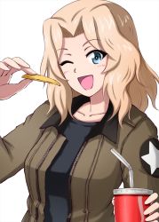 Rule 34 | 1girl, ;d, black shirt, blonde hair, blue eyes, blush, brown jacket, commentary, cup, disposable cup, drinking straw, emblem, food, french fries, girls und panzer, hair intakes, head tilt, highres, holding, holding cup, holding food, jacket, kay (girls und panzer), light blush, long hair, long sleeves, looking at viewer, military, military uniform, omachi (slabco), one eye closed, open clothes, open jacket, open mouth, saunders military uniform, shirt, simple background, smile, solo, star (symbol), uniform, upper body, white background