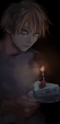 Rule 34 | 1boy, black background, blonde hair, cake, cake slice, candle, chainsaw man, dark background, denji (chainsaw man), fire, food, fruit, grey shirt, highres, holding, holding plate, looking at viewer, nakano (2 mannaka), plate, shirt, short hair, simple background, solo, strawberry, strawberry shortcake, yellow eyes