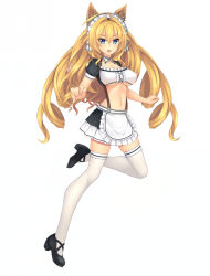 Rule 34 | 1girl, ahoge, animal ears, apron, blonde hair, blue eyes, breasts, bustier, cat ears, frills, full body, hair intakes, large breasts, leg up, long hair, looking at viewer, maid, maid headdress, miniskirt, open mouth, revealing clothes, ringlets, skirt, solo, suspender skirt, suspenders, takibi (tamikyo), thighhighs, underboob, very long hair, warship girls r, white background, white thighhighs, wichita (warship girls r), zettai ryouiki