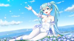 Rule 34 | 1girl, :d, absurdres, ahoge, aqua hair, bare shoulders, blue eyes, blue flower, blue footwear, blue hair, blue nails, braid, breasts, choker, cleavage, cloud, collarbone, commentary request, day, detached sleeves, dutch angle, earrings, falling petals, field, flower, flower field, frilled choker, frills, hair between eyes, hair flower, hair ornament, hatsune miku, highres, jewelry, leg ribbon, leotard, light blush, long hair, miku day, mountainous horizon, nanatsuba, nemophila (flower), open mouth, outdoors, outstretched arm, pantyhose, petals, ribbon, shoes, sitting, sky, small breasts, smile, solo, strapless, strapless leotard, vocaloid, white leotard, white pantyhose