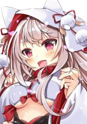 Rule 34 | 1girl, alternate costume, azur lane, blush, bow, breasts, nail polish, open mouth, red bow, red nails, solo, thick eyebrows, underboob, wolf girl, yuudachi (azur lane), yuudachi (the bride of solomon) (azur lane)