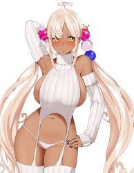 Rule 34 | 1girl, absurdres, arm up, artselmetti, blush, breasts, cropped sweater, dark-skinned female, dark skin, detached sleeves, garter straps, hair ornament, hand on own hip, highres, hololive, hololive english, kaniko (tsukumo sana), large breasts, limiter (tsukumo sana), long hair, meme attire, navel, panties, planet hair ornament, ribbed sleeves, ribbed sweater, ribbed thighhighs, sideboob, simple background, sleeveless, sleeveless sweater, sleeveless turtleneck, smile, solo, sweater, tsukumo sana, turtleneck, turtleneck sweater, twintails, underwear, usaslug (tsukumo sana), very long hair, virgin destroyer sweater, virtual youtuber, white background, white garter straps, white panties, white sweater, yellow eyes