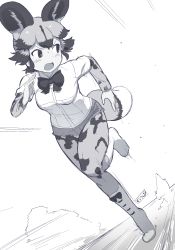Rule 34 | 1girl, african wild dog (kemono friends), african wild dog print, animal ears, blush, bodystocking, boots, bow, bowtie, collared shirt, day, dog ears, dog girl, dog tail, dutch angle, extra ears, full body, greyscale, highres, kemono friends, layered sleeves, long sleeves, looking back, masuyama ryou, medium hair, monochrome, motion lines, multicolored hair, open mouth, outdoors, pantyhose, running, shirt, short over long sleeves, short shorts, short sleeves, shorts, sidelocks, solo, speed lines, tail, v-shaped eyebrows