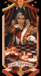 Rule 34 | 1boy, black border, black coat, black hair, border, burnt, chess piece, chessboard, coat, commentary, curtains, earrings, elbow rest, emet-selch, english commentary, epaulettes, final fantasy, final fantasy xiv, fire, fur-trimmed coat, fur trim, garlean, gloves, highres, holding chess piece, jewelry, jingjue de yumiao, long sleeves, looking down, male focus, multicolored hair, short hair, single earring, solo, tarot, tarot (medium), the emperor (tarot), third eye, two-tone hair, upper body, white gloves, white hair, yellow eyes
