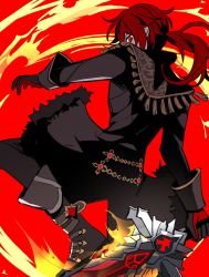 Rule 34 | 1boy, black jacket, boots, diluc (genshin impact), fire, fur-trimmed jacket, fur trim, genshin impact, gloves, holding, holding sword, holding weapon, jacket, long hair, long sleeves, male focus, pants, ponytail, red background, red eyes, red hair, rome romedo, simple background, solo, sword, weapon
