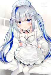 Rule 34 | 1girl, absurdres, amane kanata, amane kanata (nurse), apron, arm support, armband, bandaged arm, bandages, blue hair, breasts, closed mouth, collar, collarbone, commentary request, detached collar, dress, feet out of frame, frilled apron, frills, gloves, grey hair, hair ornament, hat, highres, hololive, long hair, multicolored hair, nurse, nurse cap, ochinsama, pantyhose, puffy short sleeves, puffy sleeves, short sleeves, signature, single hair intake, sitting, small breasts, smile, solo, streaked hair, translation request, twintails, twitter username, very long hair, virtual youtuber, white apron, white collar, white dress, white gloves, white hat, white pantyhose, wing collar, x hair ornament