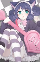 Rule 34 | 10s, 1girl, animal ears, bad id, bad pixiv id, bell, blue hair, blush, bow, bowtie, cat ears, cat tail, checkered background, curly hair, cyan (show by rock!!), green eyes, guitar, headdress, heart, heart guitar, instrument, looking at viewer, mobu, short hair, show by rock!!, solo, strawberry heart (show by rock!!), striped clothes, striped thighhighs, tail, thighhighs