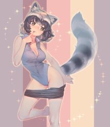 Rule 34 | 1girl, animal ear fluff, animal ears, barefoot, black hair, breasts, buttons, cleavage, clothes pull, commentary request, common raccoon (kemono friends), finger to mouth, frown, gluteal fold, grey hair, highres, kemono friends, large breasts, leotard, looking to the side, mifu (b24vc1), multicolored hair, nail polish, pencil skirt, raccoon ears, raccoon tail, revision, short hair, simple background, skirt, skirt pull, solo, sparkle, standing, standing on one leg, striped, tail, two-tone hair, undressing, vertical stripes, yellow eyes