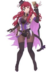 Rule 34 | 1girl, alternate costume, bare shoulders, black cape, black gloves, black hat, black thighhighs, bodystocking, bracelet, breasts, calling card, cape, cat tail, cath (fire emblem), cath (fire emblem) (cosplay), cath (thief) (fire emblem), choker, cleavage, commission, cosplay, ebinku, elbow gloves, facial mark, fake tail, fire emblem, fire emblem: the binding blade, fire emblem engage, fire emblem heroes, full body, gloves, grin, hair ornament, hat, highres, holding, jewelry, large breasts, leotard, long hair, looking at viewer, mini hat, nintendo, one eye closed, purple cape, red eyes, red hair, simple background, smile, solo, star (symbol), star facial mark, star hair ornament, tail, thighhighs, white background, yunaka (fire emblem)