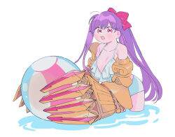 Rule 34 | 1girl, alternate costume, alternate hairstyle, ball, beachball, bikini, bow, breasts, claw (weapon), claws, fate/extra, fate/extra ccc, fate (series), frilled bikini, frills, hair bow, holding, holding ball, huge breasts, large breasts, long hair, oneroom-disco, passionlip (fate), pink bow, pink eyes, ponytail, purple hair, simple background, single sidelock, smile, solo, swimsuit, weapon, white background, white bikini
