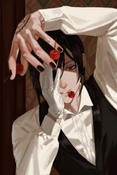 Rule 34 | 1boy, absurdres, black hair, black nails, butler, cherry, food, fruit, gloves, highres, holding, holding food, holding fruit, kuroshitsuji, long sleeves, looking at viewer, male focus, mouth hold, nail polish, red eyes, shiwo1111, solo, tattoo, white gloves