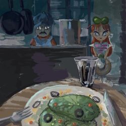 Rule 34 | &lt;|&gt; &lt;|&gt;, 1boy, 1girl, black eyes, blue overalls, boots, bow, closed mouth, commentary, counter, cup, dress, drinking glass, facial hair, food, fork, frying pan, gloves, green bow, hair bow, hat, highres, holding, holding tray, indoors, kenji (moon), knife, kris (moon), looking at viewer, moon (love-de-lic), mustache, open mouth, orange hair, orange shirt, overalls, plate, restaurant, sakusakufugashi, salad, shirt, short dress, sleeveless, sleeveless dress, smile, standing, straight-on, table, tray, tsurime, v arms, white dress, white eyes, white footwear, white gloves, wide shot