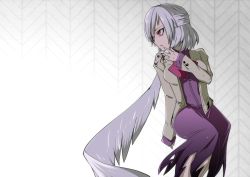 Rule 34 | 1girl, anime coloring, bow, braid, breasts, brown jacket, dress, expressionless, french braid, gradient background, grey wings, hand up, hip focus, jacket, kishin sagume, legs, long sleeves, looking to the side, patterned background, purple dress, red eyes, short hair, silver background, silver hair, single wing, solo, tenkomori (bug kura), touhou, white background, wings