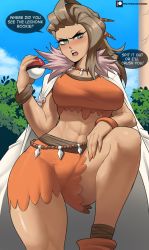 Rule 34 | 1girl, abs, breasts, brown hair, coat, creatures (company), earrings, echo saber, english text, fangs, forehead, fur trim, game freak, green eyes, hair pulled back, hair slicked back, highres, jewelry, lab coat, long hair, looking at viewer, muscular, navel, necklace, nintendo, open clothes, open coat, open mouth, pokemon, pokemon sv, sada (pokemon), sharp teeth, shorts, solo, teeth