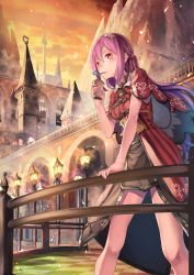 Rule 34 | 1girl, arch, armor, bendy straw, blush, braid, checkered floor, cup, drinking, drinking straw, faulds, french braid, from below, hairband, highres, holding, holding cup, lamppost, legs apart, long hair, mountain, orange sky, original, outdoors, purple hair, railing, red eyes, revision, saraki, signature, sky, solo, standing, striped, tower