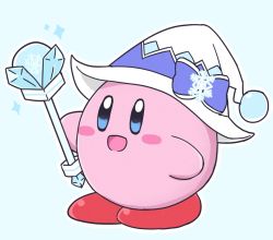 Rule 34 | blue background, blue eyes, blush stickers, bow, commentary, cosplay, crossover, crystal, full body, hat, hat bow, hatsune miku, holding, holding wand, kirby, kirby (series), nintendo, no humans, nukotun, open mouth, smile, snow globe, snowflake ornament, snowflake print, sparkle, vocaloid, wand, white headwear, witch hat, yuki miku, yuki miku (2014), yuki miku (cosplay)