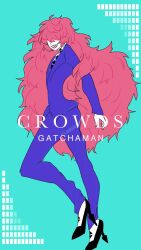 Rule 34 | 1boy, alien, androgynous, arms behind back, berg katse, black footwear, blue background, blue pants, blue suit, capricious cat, collared shirt, commentary, diamond (shape), formal, full body, gatchaman crowds, hair between eyes, hair flowing over, high heels, highres, leaning forward, long hair, open clothes, open shirt, pants, pink lips, sharp teeth, shirt, simple background, solo, standing, standing on one leg, suit, teeth, title, two-tone footwear, very long hair