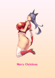 Rule 34 | 1girl, absurdres, ass, bad id, bad pixiv id, black panties, blush, boots, breasts, christmas, clothing cutout, demon girl, full body, fur boots, grabbing, grabbing another&#039;s breast, heart, heart cutout, highres, horns, knee boots, large breasts, leviathan (sin nanatsu no taizai), leviathan (the seven deadly sins), long hair, looking at viewer, meme attire, merry christmas, oinari risuru, open-chest sweater, open mouth, panties, pointy ears, purple hair, red eyes, red footwear, santa boots, simple background, sin nanatsu no taizai, solo, sweater, the seven deadly sins, thong, underwear