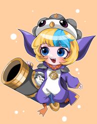 Rule 34 | 1girl, :d, absurdres, animal, beseunaj-jamjaneun gemdol-i, bird, bird costume, blonde hair, blue eyes, fang, green eyes, green hair, highres, holding, holding weapon, league of legends, multicolored hair, official alternate costume, open mouth, pengu cosplay tristana, penguin, rocket launcher, smile, star (symbol), teeth, tristana, upper teeth only, weapon, yordle