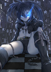 Rule 34 | 1girl, belt, bikini, bikini top only, black belt, black bikini, black footwear, black gloves, black rock shooter, black rock shooter (character), black shorts, blue eyes, boots, chain, character name, checkered floor, closed mouth, flaming eye, gloves, hair between eyes, highres, hood, hood down, long hair, long sleeves, pale skin, shorts, sitting, solo, star (symbol), stomach, swimsuit, twintails, uneven twintails, zipper, zombie mogura