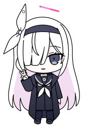 Rule 34 | 1girl, bell (oppore coppore), black footwear, black hairband, black jacket, black pantyhose, black sailor collar, black serafuku, black shirt, black skirt, blue archive, chibi, full body, grey eyes, hair over one eye, hair ribbon, hairband, halo, hand up, jacket, loafers, long sleeves, looking at viewer, neckerchief, open clothes, open jacket, pantyhose, parted lips, plana (blue archive), ribbon, sailor collar, school uniform, serafuku, shirt, shoes, simple background, skirt, sleeves past wrists, smile, solo, standing, v, white background, white neckerchief, white ribbon