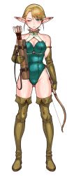 Rule 34 | 1girl, :&lt;, ;&lt;, aqua eyes, arrow (projectile), asymmetrical bangs, bad id, bad tumblr id, bare shoulders, blonde hair, boots, bow (weapon), breasts, brown thighhighs, cleavage, elbow gloves, elf, elf-san wa yaserarenai., erufuda-san, full body, gloves, gluteal fold, half updo, highres, holding, holding bow (weapon), holding weapon, leotard, pointy ears, quiver, short hair, simple background, solo, standing, synecdoche, thigh boots, thighhighs, thighs, weapon, white background