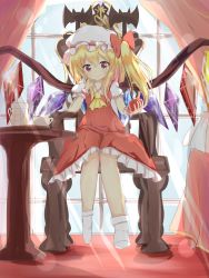 Rule 34 | 1girl, ankle socks, apple, ascot, bat (animal), blonde hair, carpet, chair, cup, curtains, flandre scarlet, food, fruit, glint, haizakurakanon, hand in own hair, hat, hat ribbon, highres, knees together feet apart, looking at viewer, mob cap, no shoes, red eyes, ribbon, short hair, side ponytail, sitting, skirt, skirt set, smile, socks, solo, teacup, teapot, touhou, window, wings, wrist cuffs