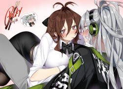 Rule 34 | 2girls, aek-999 (babe driver) (girls&#039; frontline), aek-999 (girls&#039; frontline), ahoge, blush, brown eyes, brown hair, deathalice, english text, female commander (girls&#039; frontline), food, food in mouth, girls&#039; frontline, green eyes, headphones, heart, heart-shaped pupils, imminent kiss, multiple girls, official alternate costume, pantyhose, pocky, pocky day, pocky kiss, shared food, silver hair, symbol-shaped pupils, yuri