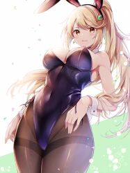 Rule 34 | 1girl, alternate costume, animal ears, bare shoulders, black leotard, black pantyhose, blonde hair, blush, breasts, cleavage, commentary request, covered navel, detached collar, earrings, fake animal ears, hair ornament, highleg, highleg leotard, highres, jewelry, large breasts, leotard, long hair, looking at viewer, mythra (xenoblade), pantyhose, playboy bunny, ponytail, rabbit ears, simple background, solo, strapless, strapless leotard, ui frara, white background, wrist cuffs, xenoblade chronicles (series), xenoblade chronicles 2, yellow eyes