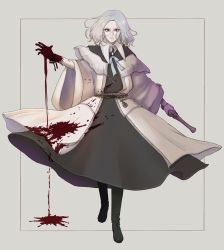 Rule 34 | 1girl, black eyes, blood, blood on clothes, blood on hands, bloodborne, bow, chain, closed mouth, collared dress, commentary request, dress, full body, gloves, grey background, gun, hanayu, holding, holding gun, holding weapon, hunter (bloodborne), long sleeves, looking at viewer, medium hair, ribbon, round eyewear, simple background, solo, standing, swept bangs, weapon, white gloves, white hair, wide sleeves