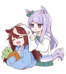 Rule 34 | 2girls, :d, = =, animal ears, blue jacket, blush, bow, camisole, closed eyes, commentary request, cropped torso, dress, drying, drying hair, ear ribbon, green dress, green ribbon, hair between eyes, hair down, hood, hood down, hooded jacket, horse ears, horse girl, horse tail, jacket, long hair, long sleeves, mejiro mcqueen (umamusume), motion lines, multicolored hair, multiple girls, nozo (hitomiz), hugging object, open clothes, open jacket, open mouth, purple eyes, purple hair, ribbon, simple background, sleeves past wrists, smile, streaked hair, stuffed carrot, stuffed toy, tail, teeth, tokai teio (umamusume), towel, umamusume, upper body, upper teeth only, very long hair, wet, wet hair, white background, white camisole, white jacket