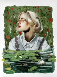 Rule 34 | 1girl, absurdres, border, closed eyes, closed mouth, collared shirt, commentary, english commentary, flower, freckles, grey hair, highres, lily pad, lips, lipstick, makeup, original, profile, red flower, red lips, shirt, short hair, solo, tito merello, water, white border, white flower, white shirt
