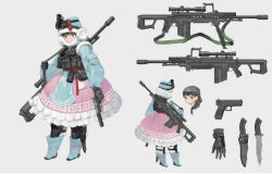 Rule 34 | 1girl, absurdres, belt pouch, black hair, blue footwear, blue pupils, blush, boots, bow, brown eyes, character sheet, closed mouth, combat knife, dress, earmuffs, frilled dress, frills, frown, fur trim, gloves, grey background, grey gloves, gun, handgun, highres, holding, holding gun, holding weapon, intemind, knife, long hair, original, pink bow, pink dress, pistol, pouch, rifle, scabbard, scope, sheath, sheathed, simple background, soldier, solo, standing, weapon, weapon on back, winter clothes