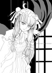 Rule 34 | 1girl, ahoge, bow, bun cover, buttons, collar, curtains, dress, expressionless, female focus, greyscale, hair bow, hat, long sleeves, mob cap, monochrome, morisoban, multiple hair bows, patchouli knowledge, sidelocks, solo, text focus, touhou