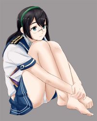 Rule 34 | 10s, 1girl, bad id, bad pixiv id, bare legs, barefoot, black hair, head rest, full body, glasses, green eyes, grey background, hair between eyes, hip vent, kantai collection, knees up, hugging own legs, ojipon, ooyodo (kancolle), panties, pensive, simple background, sitting, solo, underwear, white panties