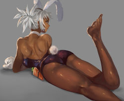 Rule 34 | 1girl, animal ears, ass, back, backless outfit, bare back, barefoot, battle bunny riven, black pantyhose, choker, corset, dark-skinned female, dark skin, artistic error, fake animal ears, feet, gloves, league of legends, leotard, looking back, lying, on stomach, pantyhose, playboy bunny, ponytail, rabbit ears, rabbit tail, riven (league of legends), see-through, see-through legwear, sideways glance, simple background, sketch, solo, tail, tan, whistlerx, white gloves, wrong foot
