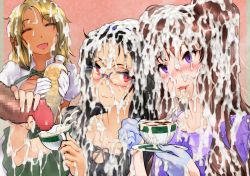 Rule 34 | 3girls, black hair, blonde hair, blush, bottle, brown hair, bukkake, censored, cum, cum in container, cum in cup, cum in mouth, cum on body, cum on clothes, cum on food, cum on eyewear, cum on hair, cum on tongue, cum on upper body, cum string, cumdrip, cup, dokiyuri, ejaculation, facial, glasses, gloves, gokkun, hair ornament, handjob, happy, highres, holding, holding cup, juice, long hair, multiple girls, open mouth, original, penis, purple eyes, red eyes, smile, teacup, tongue, tongue out